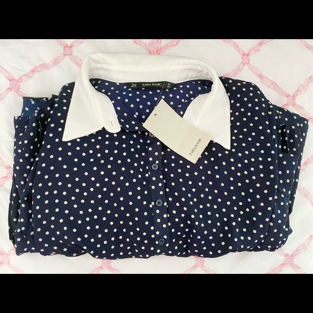 Zara Navy Polka Dot Pleated Dress